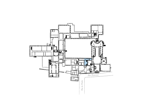 The entrance Hall and the Parlors Wing highlighted on a floor plan man.