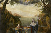 Tableau de la Nouvelle-France. Forêt, montagnes et navire. La Reine offre un tableau à un homme à genoux. Au ciel, les saints observent.