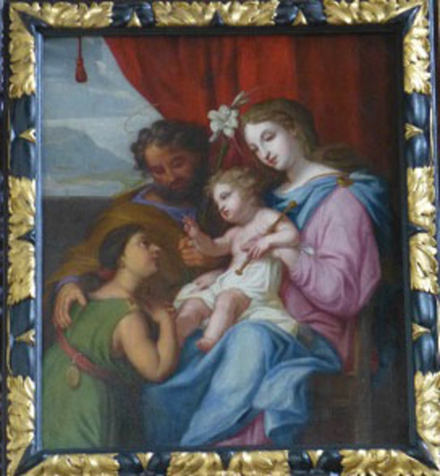 Colorful painting, black and golden frame. A young native women, with green clothes, her belt with a golden medal, welcomed by Joseph, Mary and child Jesus dressed in white. Background: Red curtain at the right.