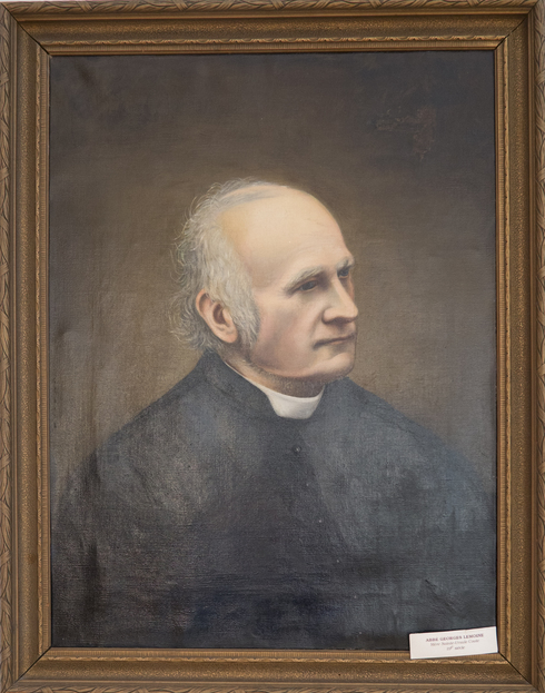 Painted portrait of Abbot Lemoine. Looking to the right, grey hairs, sparse top. Grey eyebrows, lost in thought.